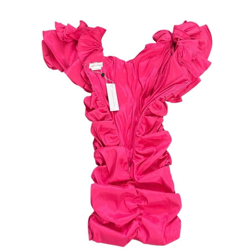 NWT Lovers + Friends Nikolina Ruffles Off-Shoulder Ruched Dress in Magenta Sz S - Picture 10 of 15